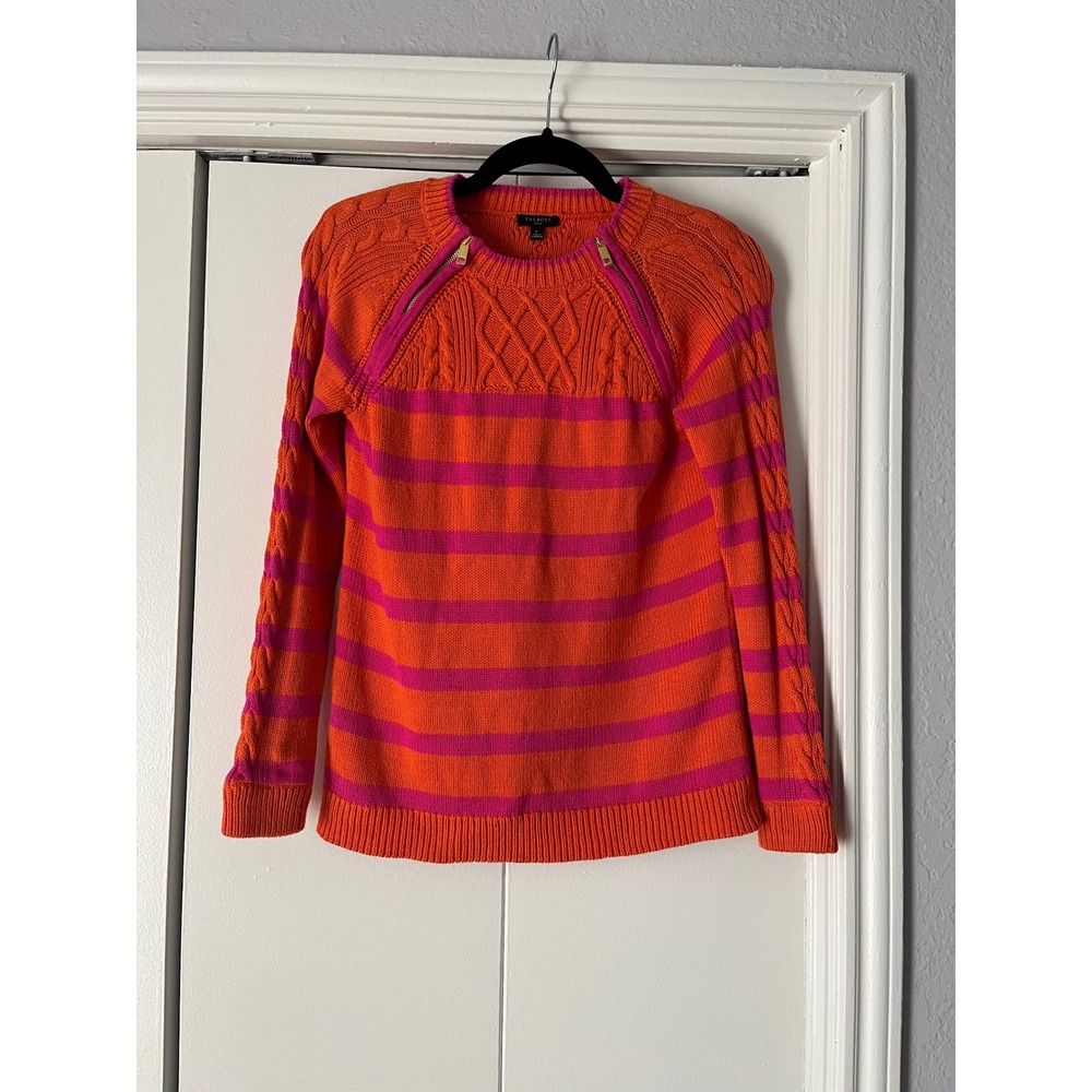 Talbots Petite Sweater Orange Pink Striped Cable Knit Zip‎ Shoulder Detail